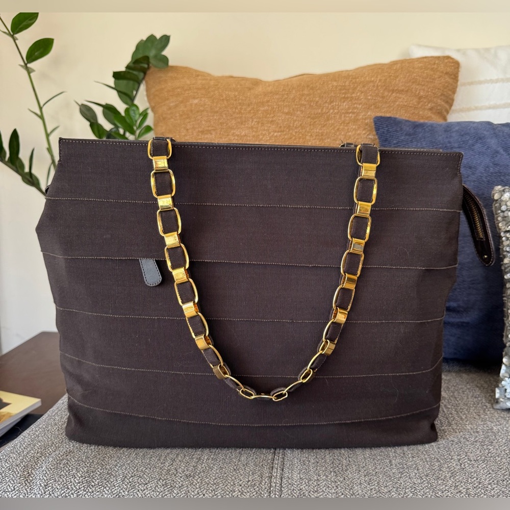 Salvatore Ferragamo Vintage Brown Tote with Gold Chain-Link Straps
